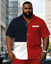 Men's Plus Size Red Color Matching Chest Pocket Short Sleeve Shirt Trousers Suit